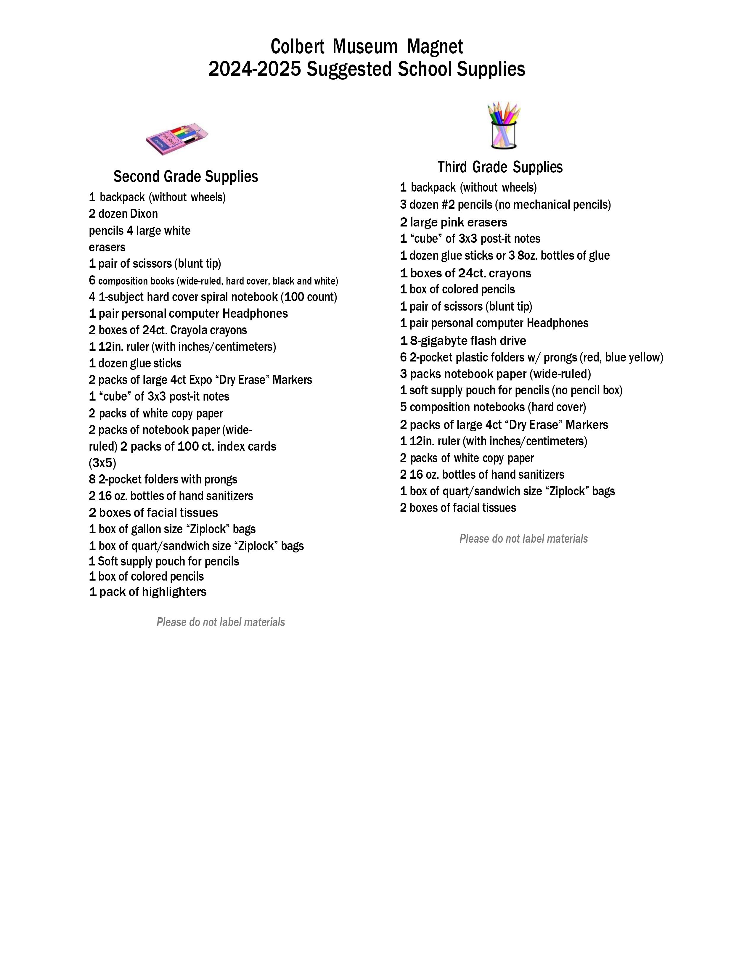 2024-2025 Suggested school supplies list for Second Grade through Third Grade